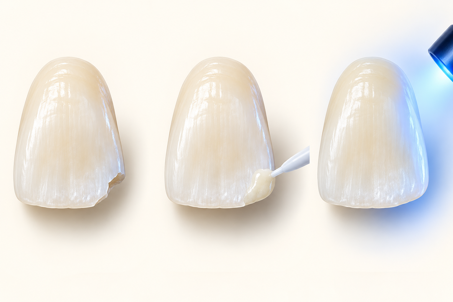 Conceptual illustration of a chipped tooth, composite placement and light activation