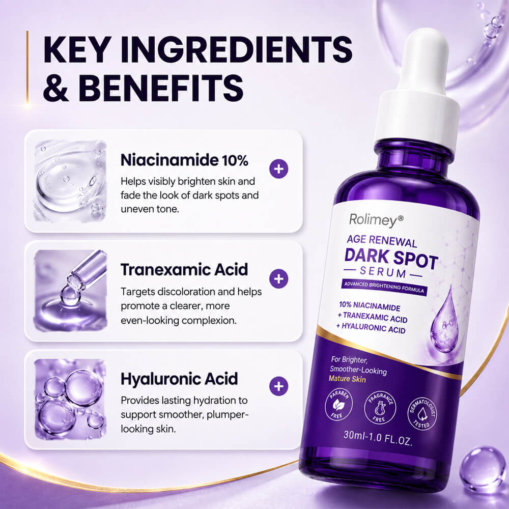 🗽❤️❤️❤️❤️Rolimey® Age Renewal Dark Spot Serum — Infused with 10% Niacinamide, Tranexamic Acid & Hyaluronic Acid for Brighter, Smoother-Looking Mature Skin