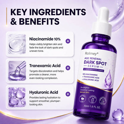 🗽❤️❤️❤️❤️Rolimey® Age Renewal Dark Spot Serum — Infused with 10% Niacinamide, Tranexamic Acid & Hyaluronic Acid for Brighter, Smoother-Looking Mature Skin